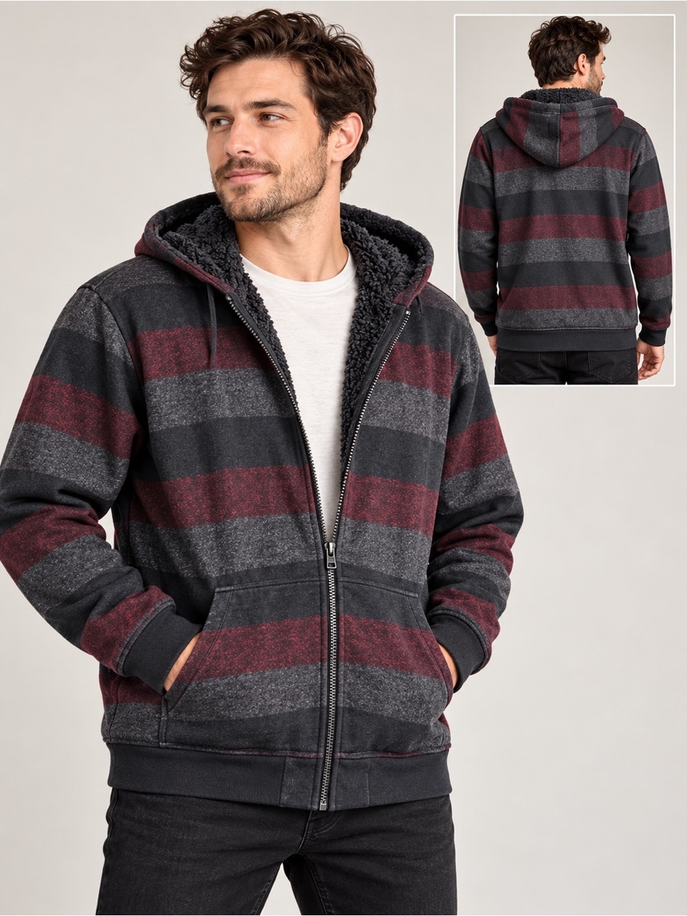 Tony Hawk Men's Zip-Up Hooded Sweater Jacket - Charcoal & Burgundy Stripes